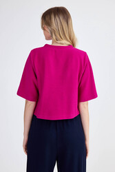 Yuvarlak Yaka Önden Dikişli Kısa Kol Crop Triko Bluz - 10