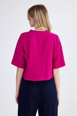 Yuvarlak Yaka Önden Dikişli Kısa Kol Crop Triko Bluz - 10