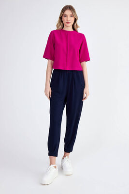 Yuvarlak Yaka Önden Dikişli Kısa Kol Crop Triko Bluz - 7