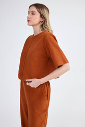 Yuvarlak Yaka Önden Dikişli Kısa Kol Crop Triko Bluz - 14