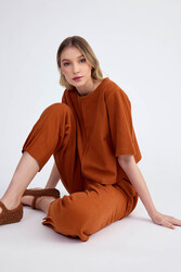 Yuvarlak Yaka Önden Dikişli Kısa Kol Crop Triko Bluz - 16