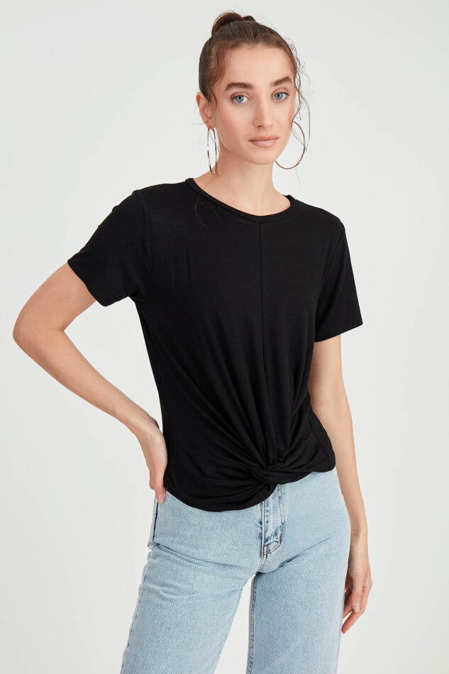 Yuvarlak Yaka Önü Büzgülü T-Shirt - 3