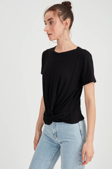 Yuvarlak Yaka Önü Büzgülü T-Shirt - 4