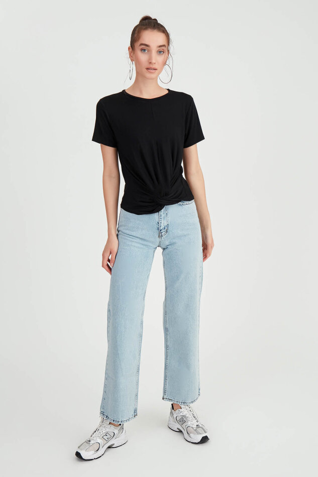 Yuvarlak Yaka Önü Büzgülü T-Shirt - 5