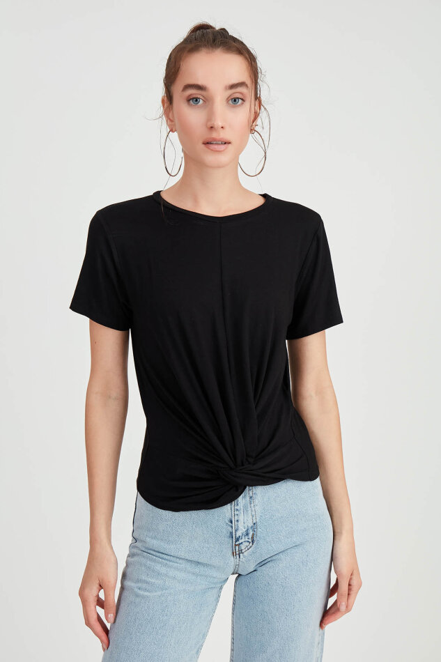 Yuvarlak Yaka Önü Büzgülü T-Shirt - 2