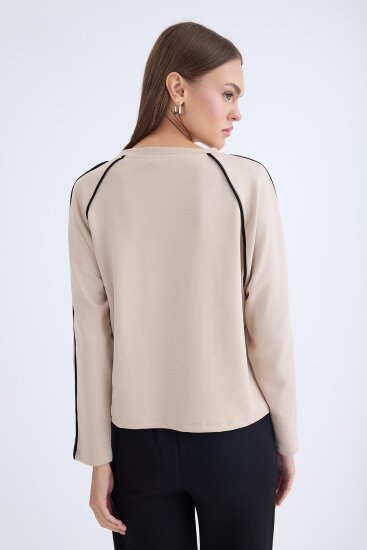 Yuvarlak Yaka Şeritli Uzun Kol Bluz - 5