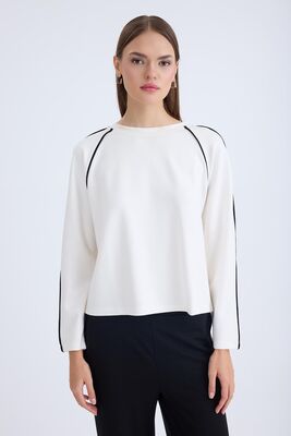 Yuvarlak Yaka Şeritli Uzun Kol Bluz - Thumbnail (5)