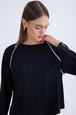 Yuvarlak Yaka Şeritli Uzun Kol Bluz - Thumbnail (10)