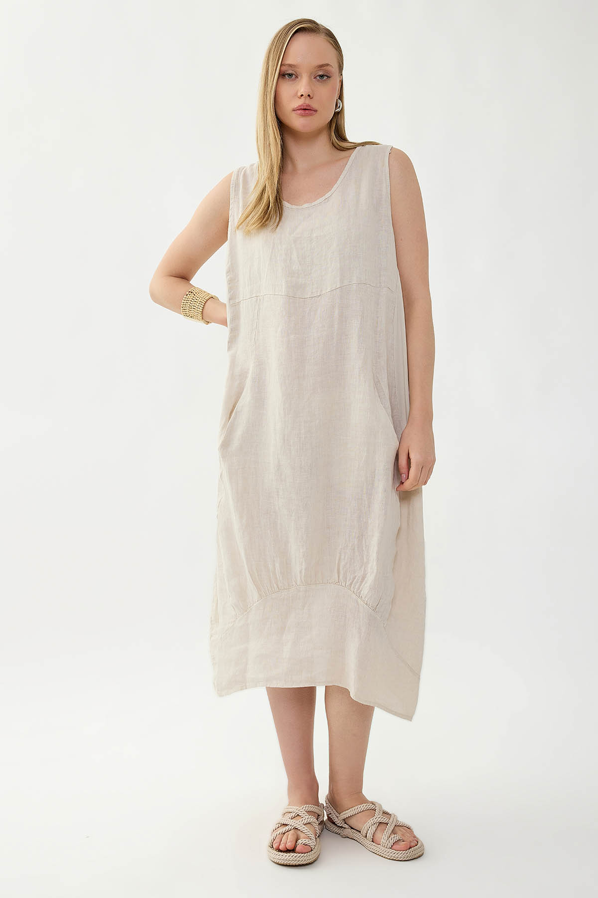 %100 Keten Yuvarlak Yaka Sıfır Kol Cepli Elbise - Thumbnail