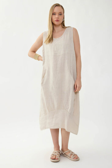 %100 Keten Yuvarlak Yaka Sıfır Kol Cepli Elbise - 2