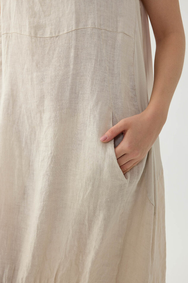 %100 Keten Yuvarlak Yaka Sıfır Kol Cepli Elbise - 4
