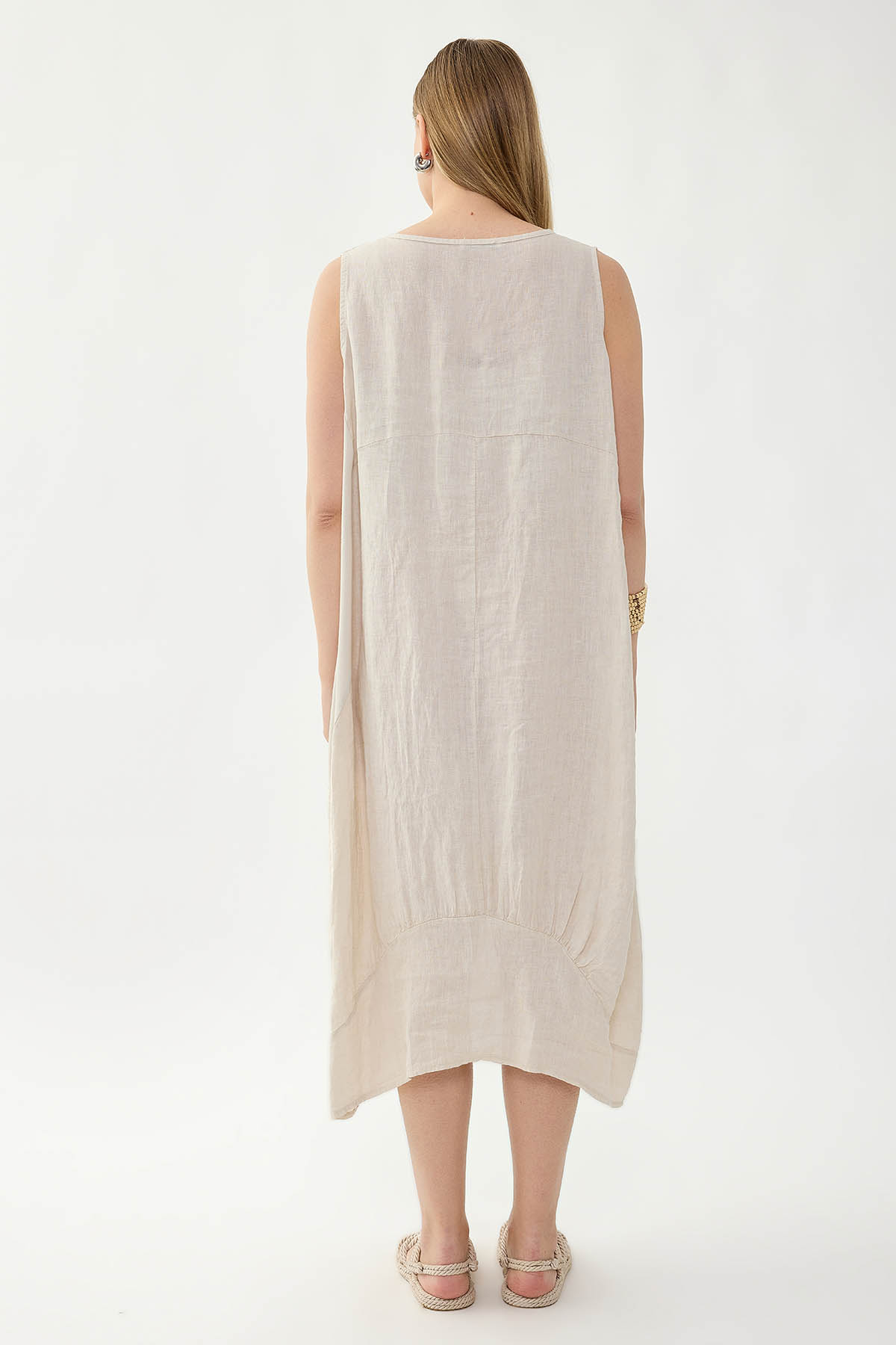 %100 Keten Yuvarlak Yaka Sıfır Kol Cepli Elbise - Thumbnail