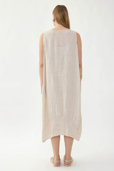 %100 Keten Yuvarlak Yaka Sıfır Kol Cepli Elbise - 5