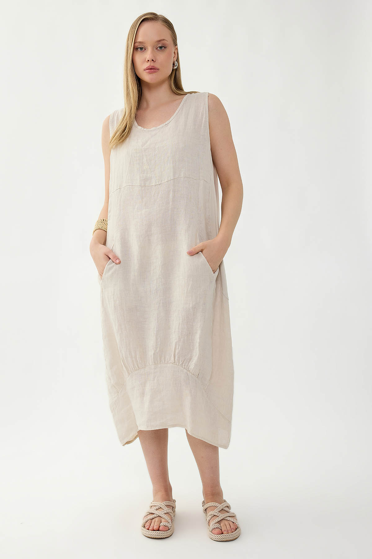 %100 Keten Yuvarlak Yaka Sıfır Kol Cepli Elbise - Thumbnail