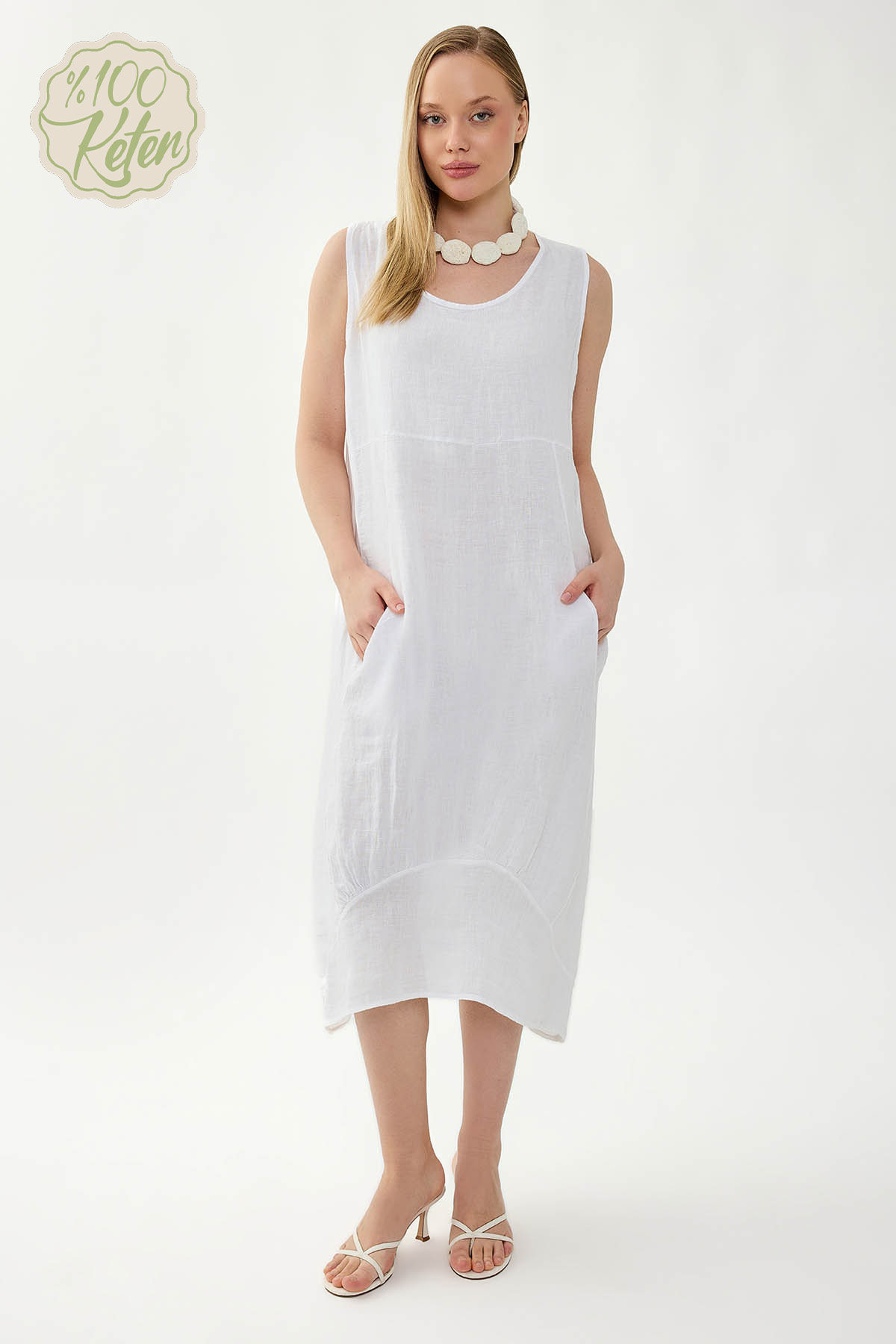 %100 Keten Yuvarlak Yaka Sıfır Kol Cepli Elbise - Thumbnail