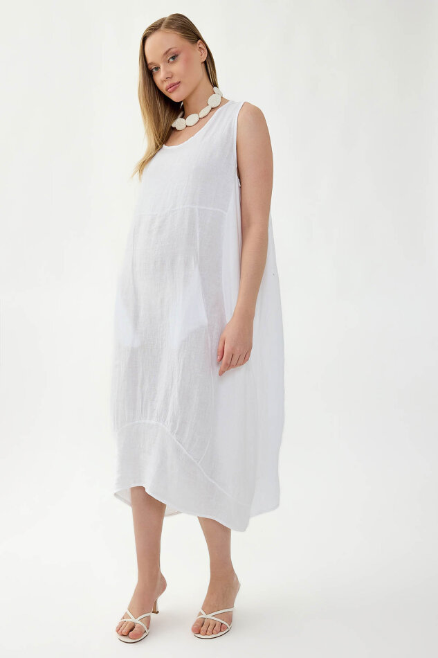 %100 Keten Yuvarlak Yaka Sıfır Kol Cepli Elbise - 8