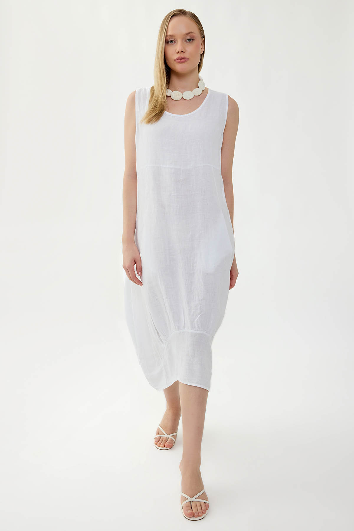 %100 Keten Yuvarlak Yaka Sıfır Kol Cepli Elbise - Thumbnail