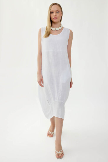 %100 Keten Yuvarlak Yaka Sıfır Kol Cepli Elbise - 9
