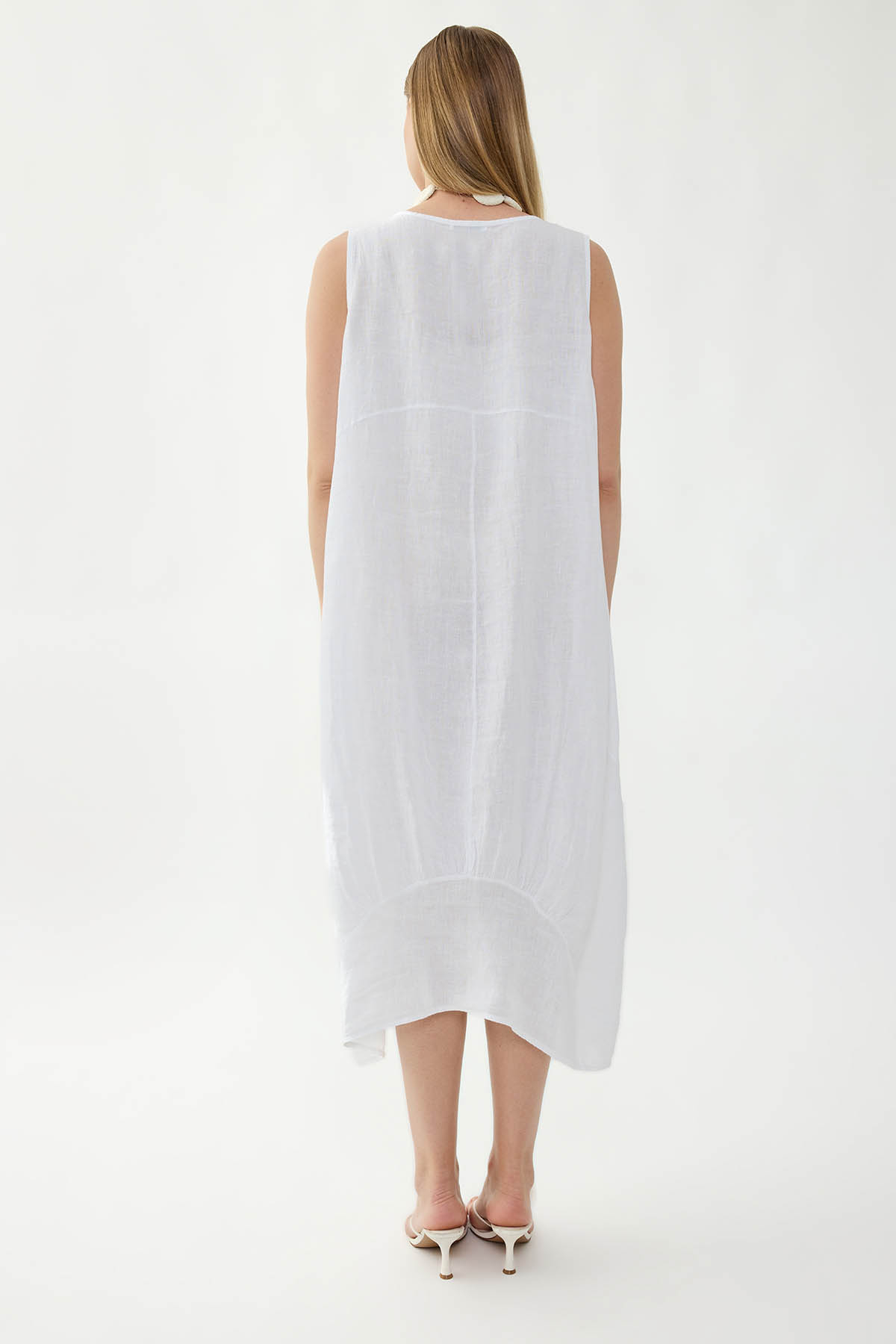 %100 Keten Yuvarlak Yaka Sıfır Kol Cepli Elbise - Thumbnail