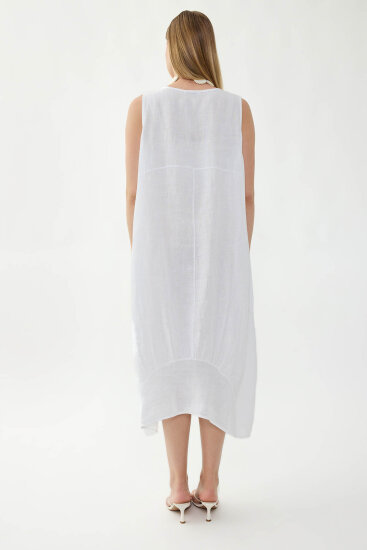 %100 Keten Yuvarlak Yaka Sıfır Kol Cepli Elbise - 11