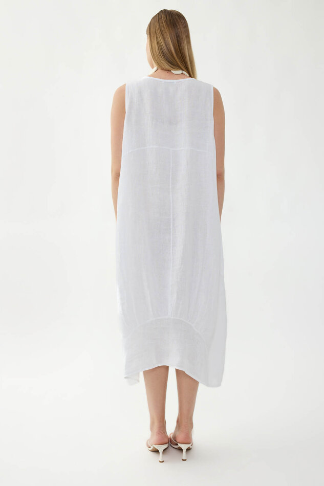 %100 Keten Yuvarlak Yaka Sıfır Kol Cepli Elbise - 11