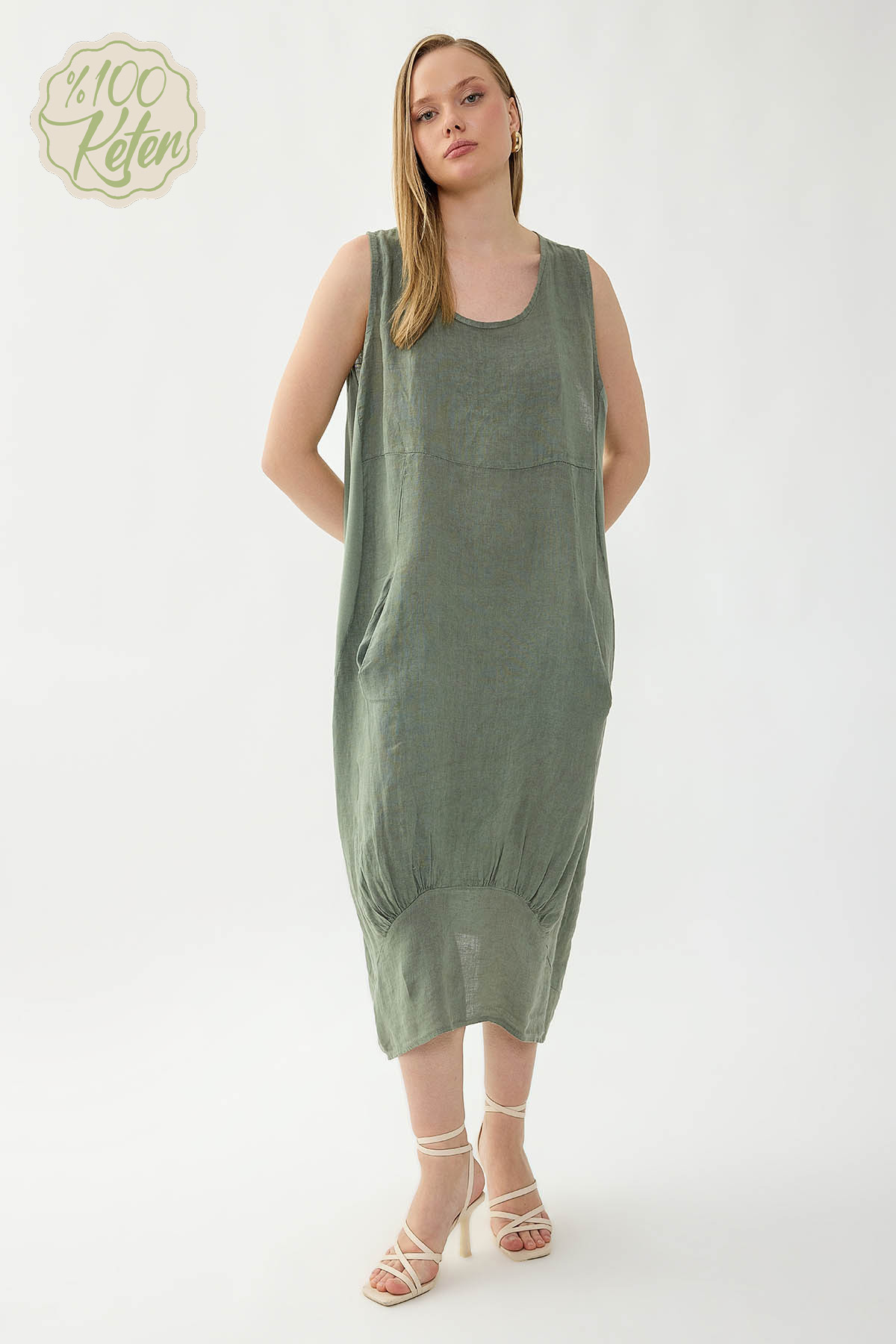 %100 Keten Yuvarlak Yaka Sıfır Kol Cepli Elbise - Thumbnail