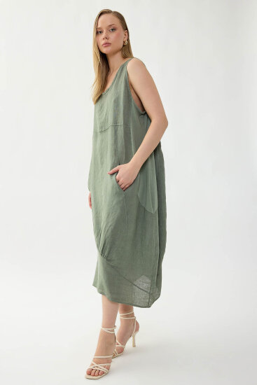 %100 Keten Yuvarlak Yaka Sıfır Kol Cepli Elbise - 13