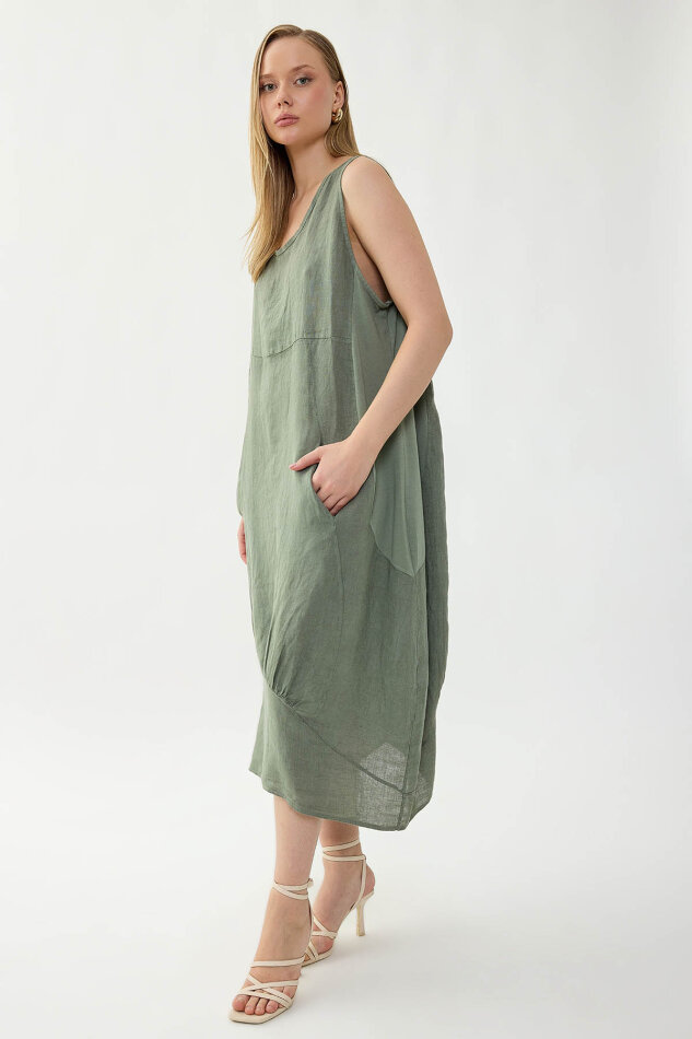 %100 Keten Yuvarlak Yaka Sıfır Kol Cepli Elbise - 13