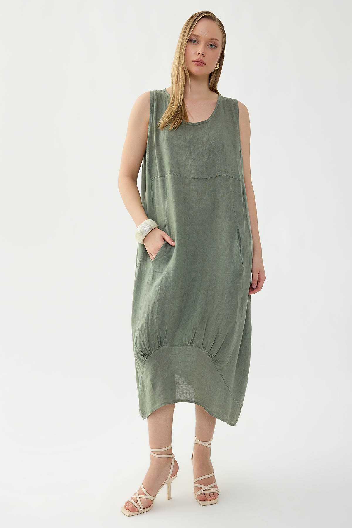 %100 Keten Yuvarlak Yaka Sıfır Kol Cepli Elbise - Thumbnail