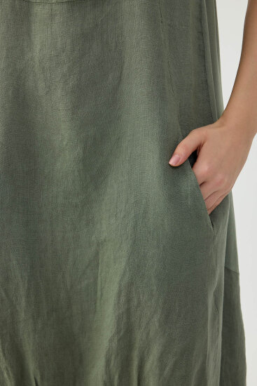 %100 Keten Yuvarlak Yaka Sıfır Kol Cepli Elbise - 15