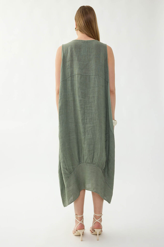 %100 Keten Yuvarlak Yaka Sıfır Kol Cepli Elbise - 16