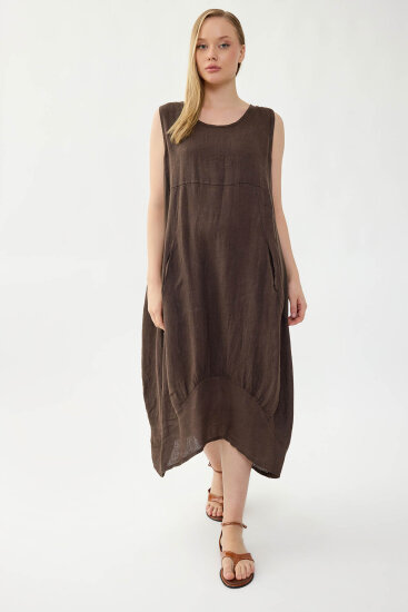 %100 Keten Yuvarlak Yaka Sıfır Kol Cepli Elbise - 18