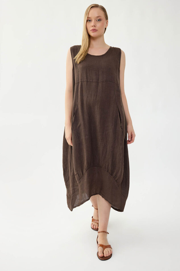 %100 Keten Yuvarlak Yaka Sıfır Kol Cepli Elbise - 18