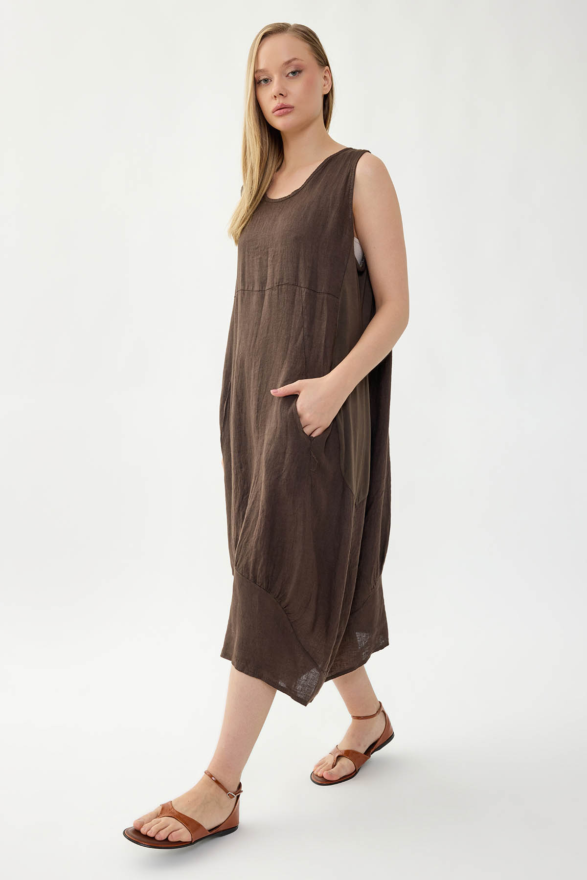 %100 Keten Yuvarlak Yaka Sıfır Kol Cepli Elbise - Thumbnail