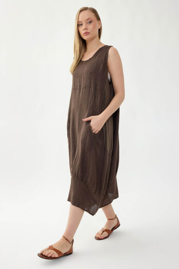 %100 Keten Yuvarlak Yaka Sıfır Kol Cepli Elbise - 19