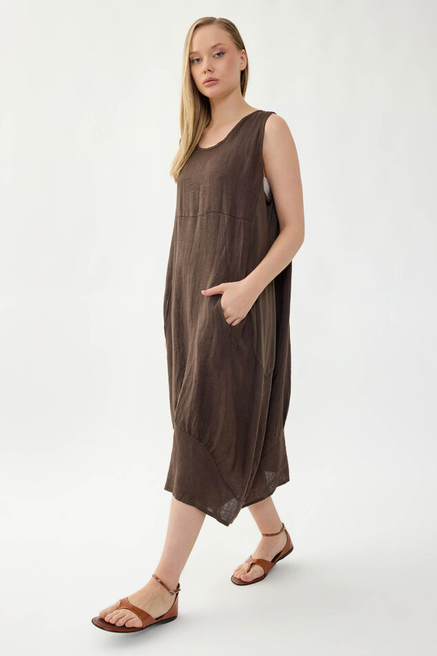 %100 Keten Yuvarlak Yaka Sıfır Kol Cepli Elbise - 19