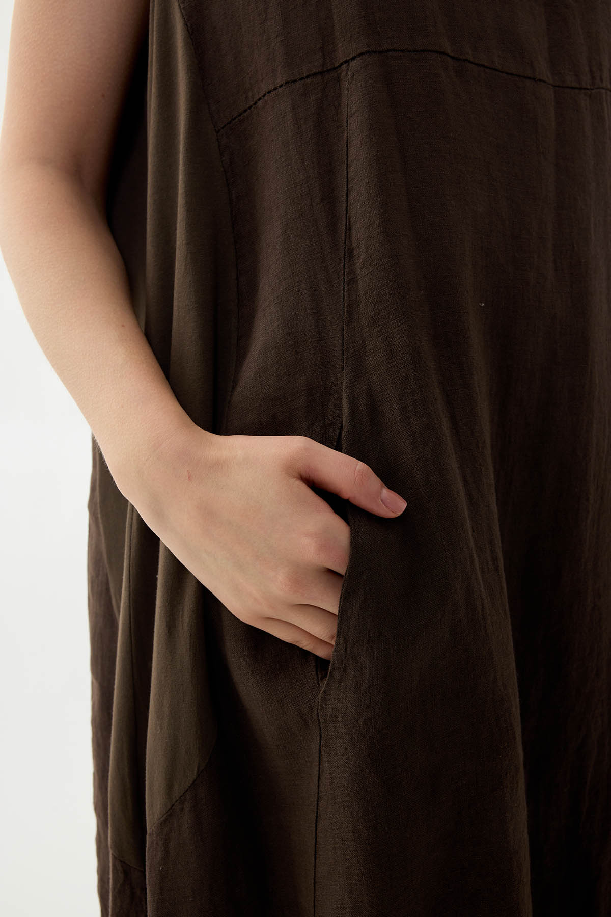 %100 Keten Yuvarlak Yaka Sıfır Kol Cepli Elbise - Thumbnail