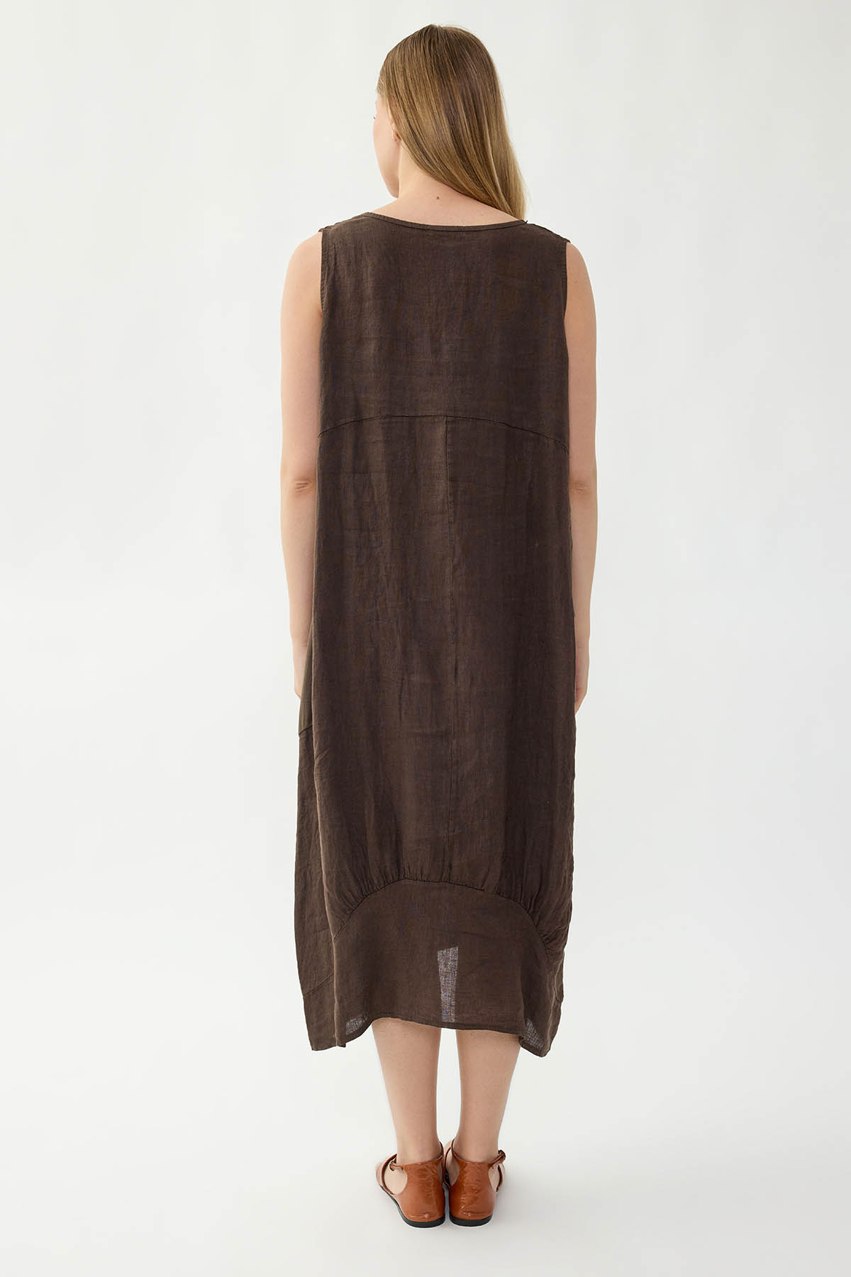 %100 Keten Yuvarlak Yaka Sıfır Kol Cepli Elbise - Thumbnail