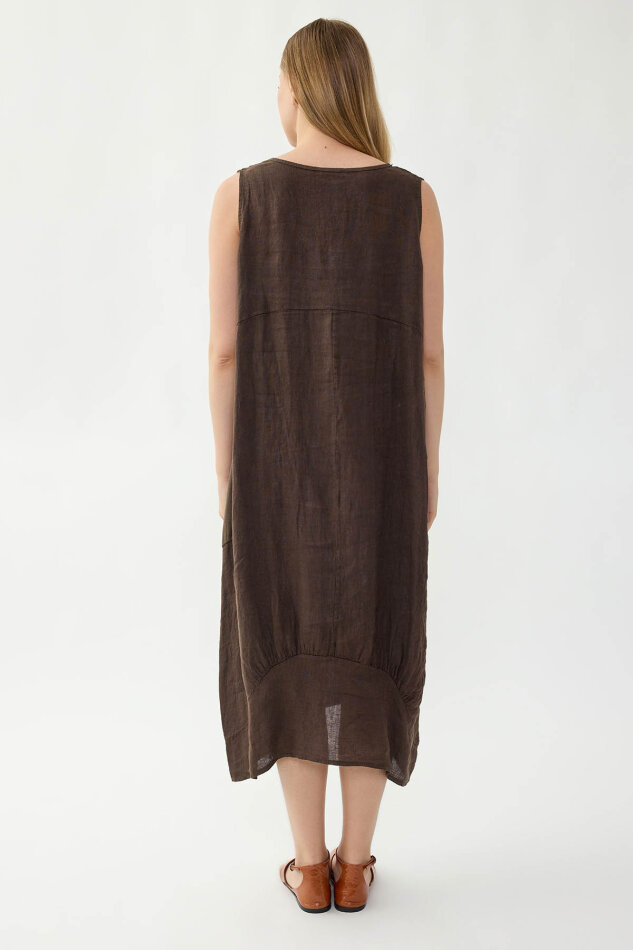 %100 Keten Yuvarlak Yaka Sıfır Kol Cepli Elbise - 21