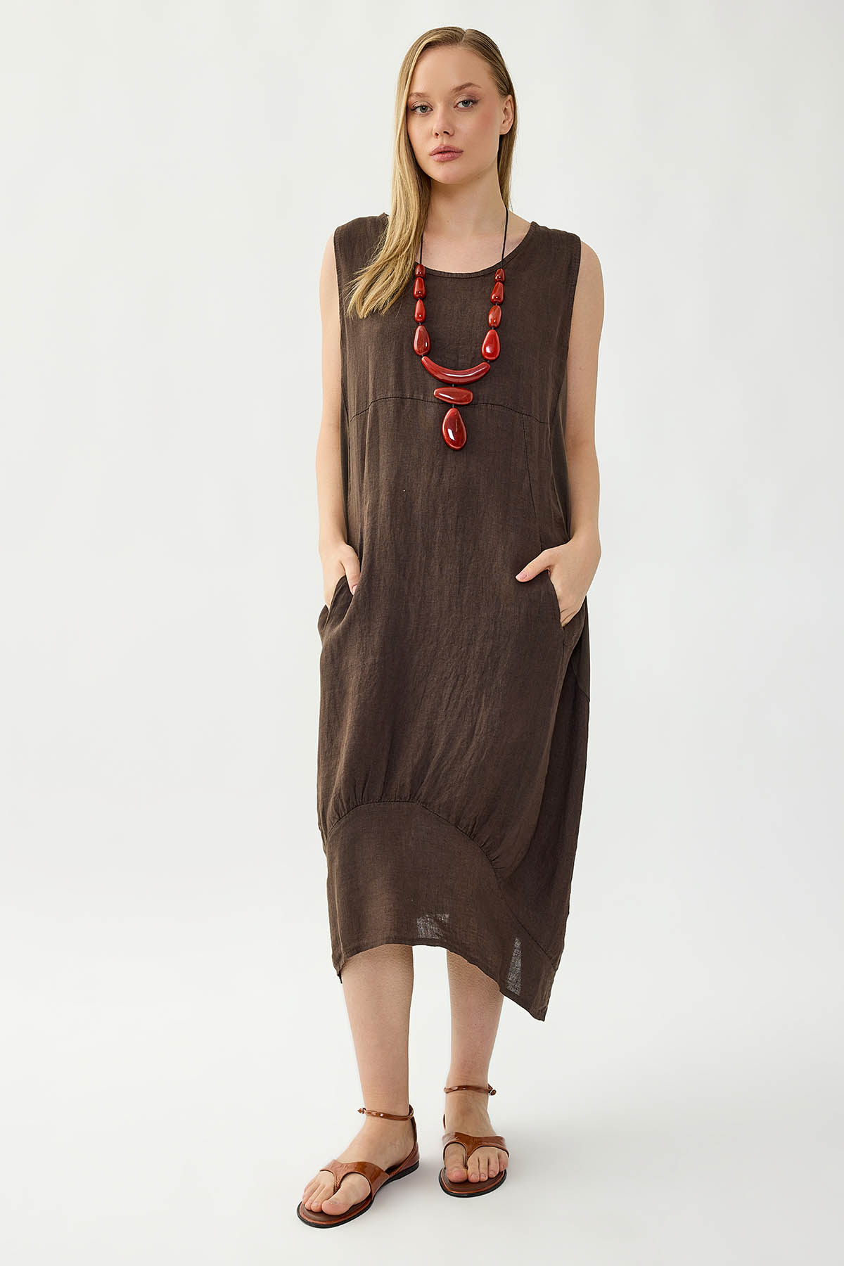 %100 Keten Yuvarlak Yaka Sıfır Kol Cepli Elbise - Thumbnail