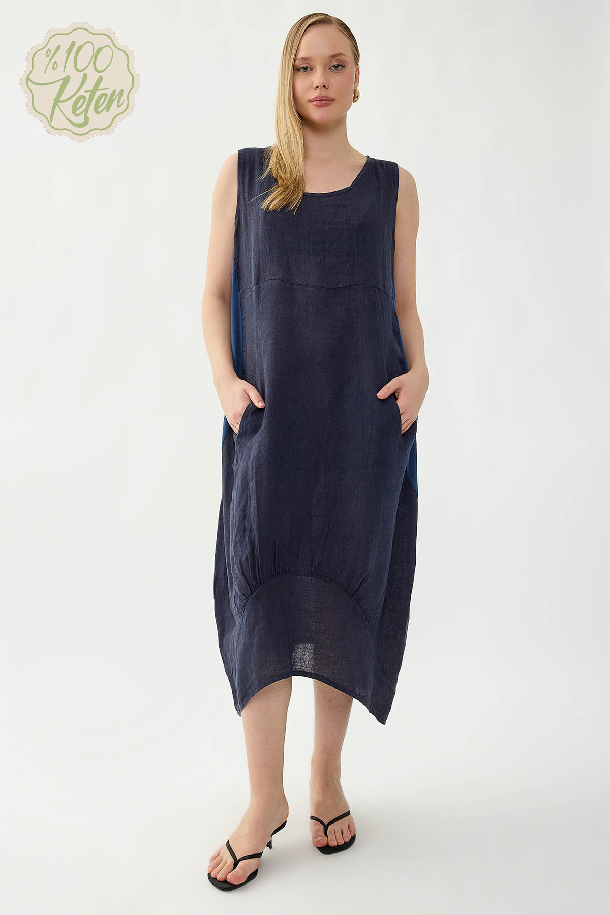 %100 Keten Yuvarlak Yaka Sıfır Kol Cepli Elbise - Thumbnail