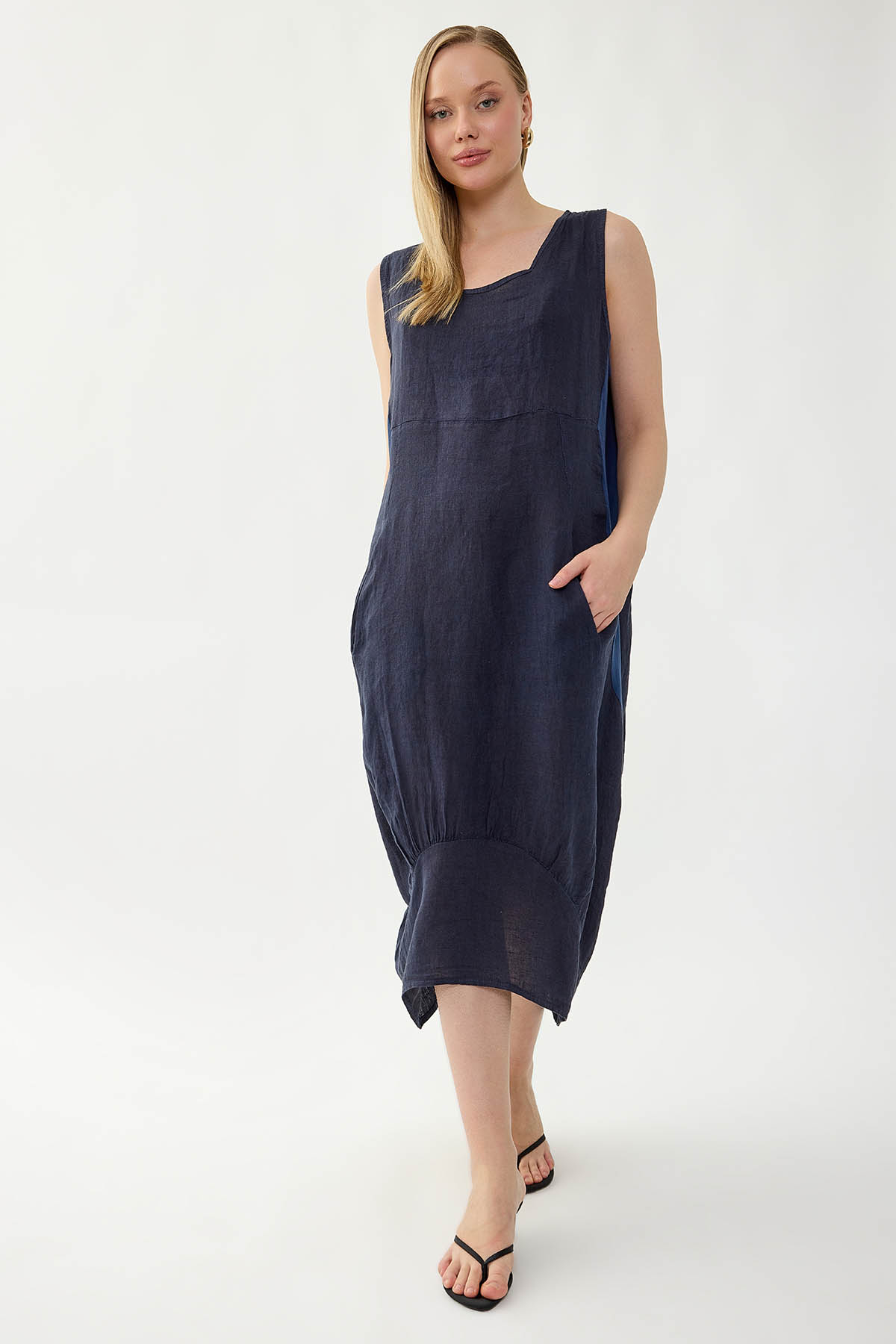 %100 Keten Yuvarlak Yaka Sıfır Kol Cepli Elbise - Thumbnail