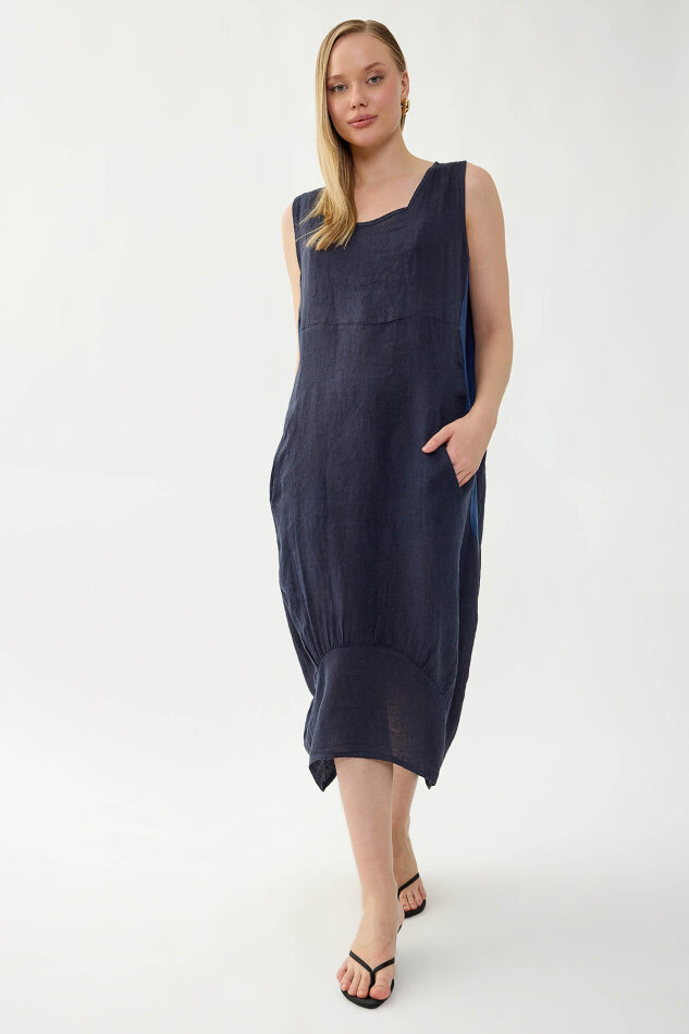 %100 Keten Yuvarlak Yaka Sıfır Kol Cepli Elbise - 24