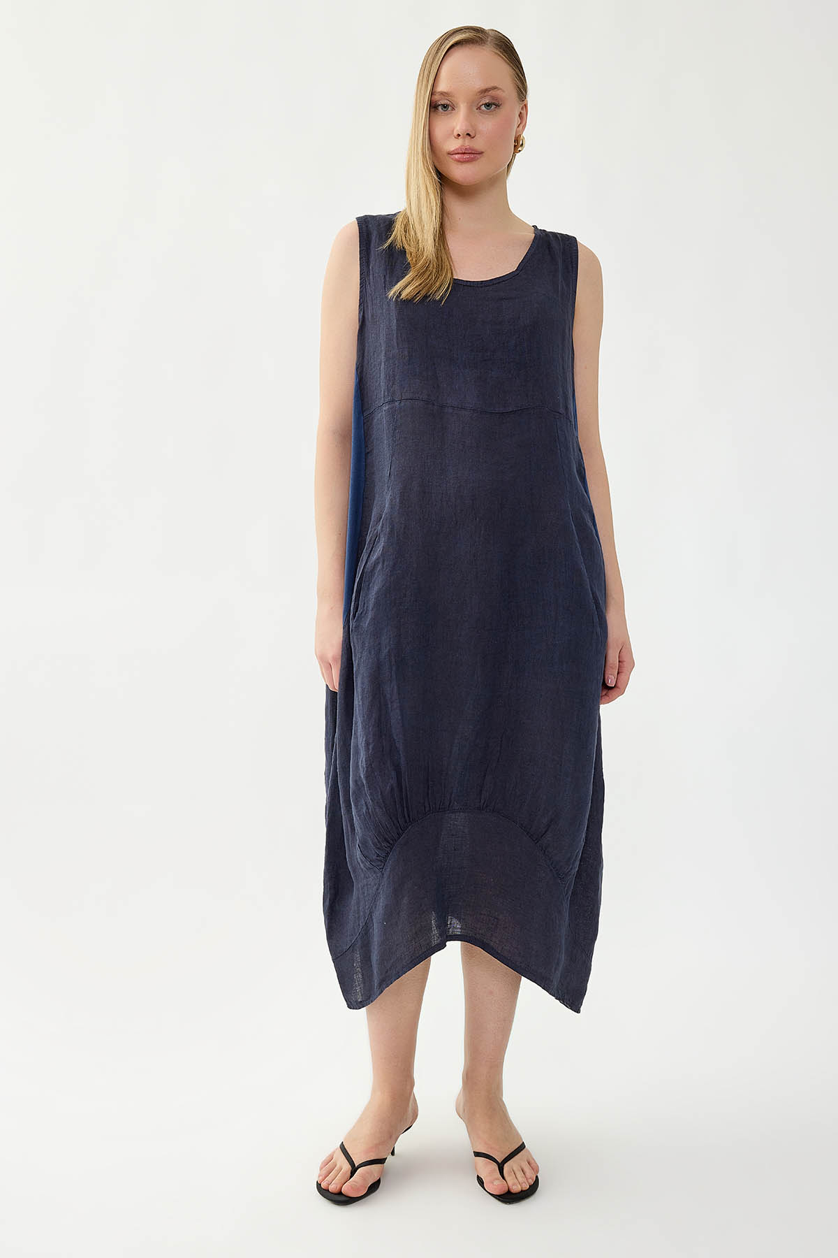 %100 Keten Yuvarlak Yaka Sıfır Kol Cepli Elbise - Thumbnail