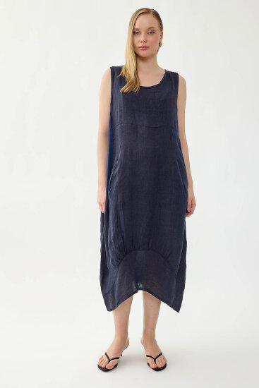 %100 Keten Yuvarlak Yaka Sıfır Kol Cepli Elbise - 25