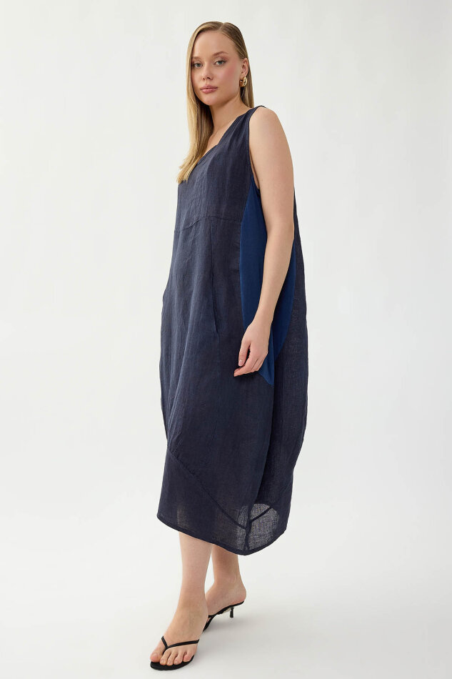 %100 Keten Yuvarlak Yaka Sıfır Kol Cepli Elbise - 26