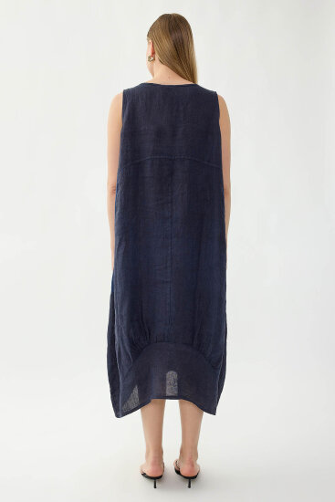 %100 Keten Yuvarlak Yaka Sıfır Kol Cepli Elbise - 27