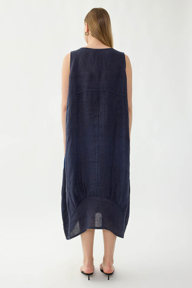 %100 Keten Yuvarlak Yaka Sıfır Kol Cepli Elbise - 27