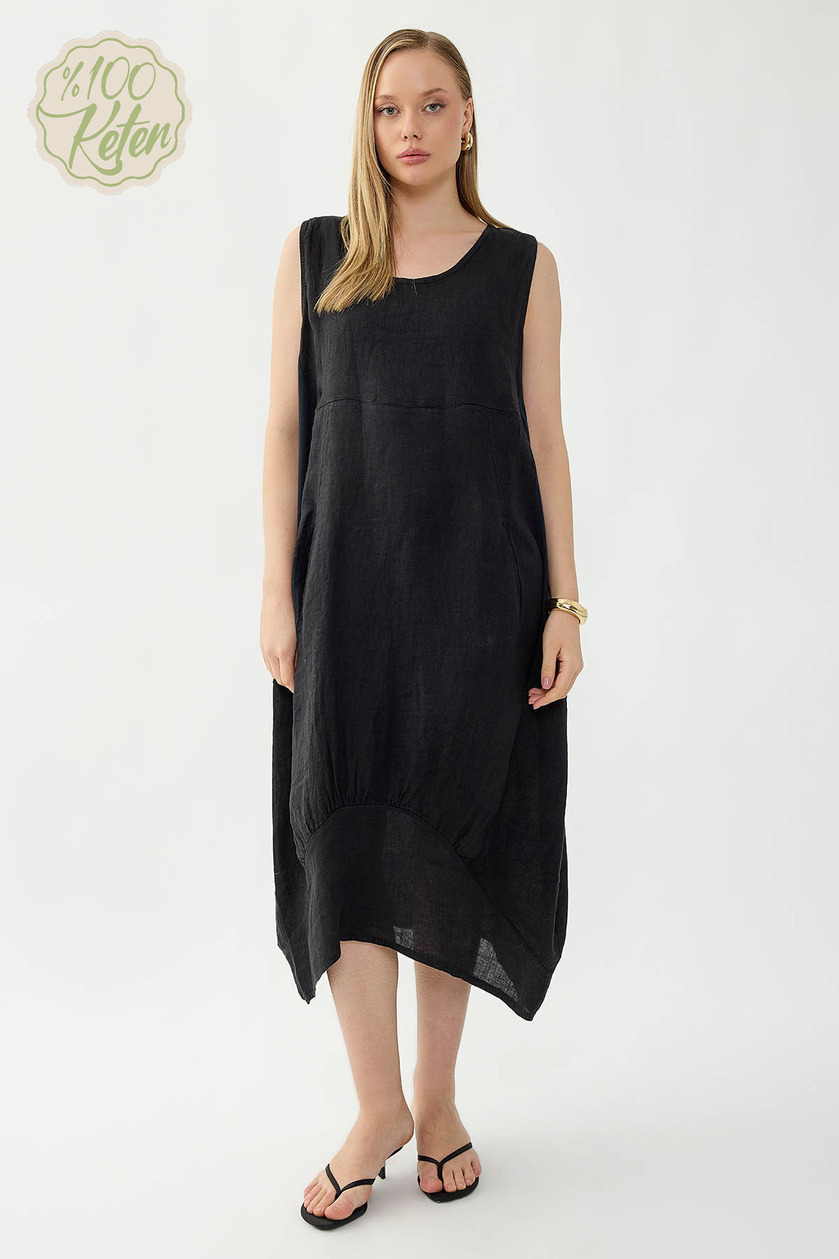 %100 Keten Yuvarlak Yaka Sıfır Kol Cepli Elbise - Thumbnail