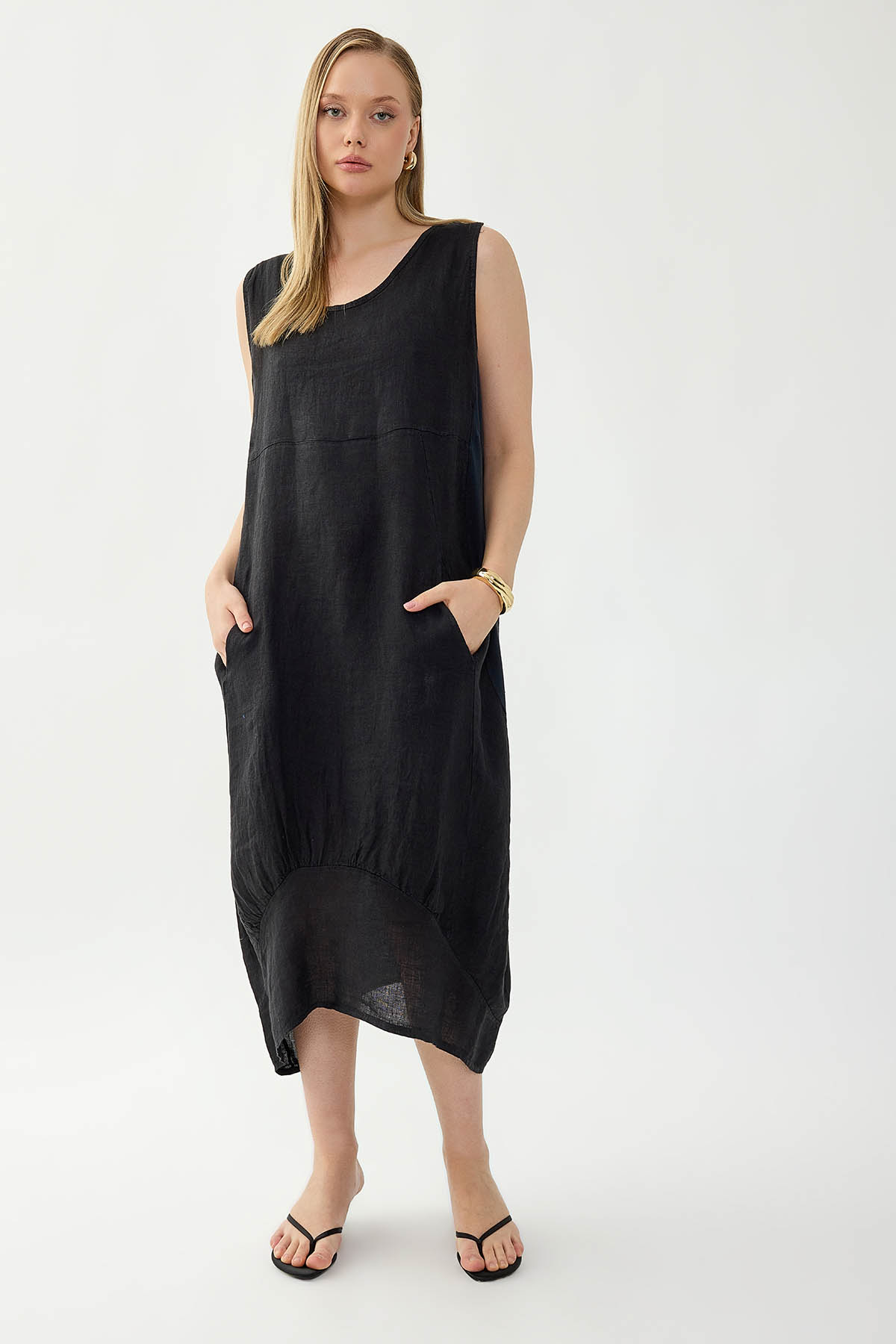 %100 Keten Yuvarlak Yaka Sıfır Kol Cepli Elbise - Thumbnail